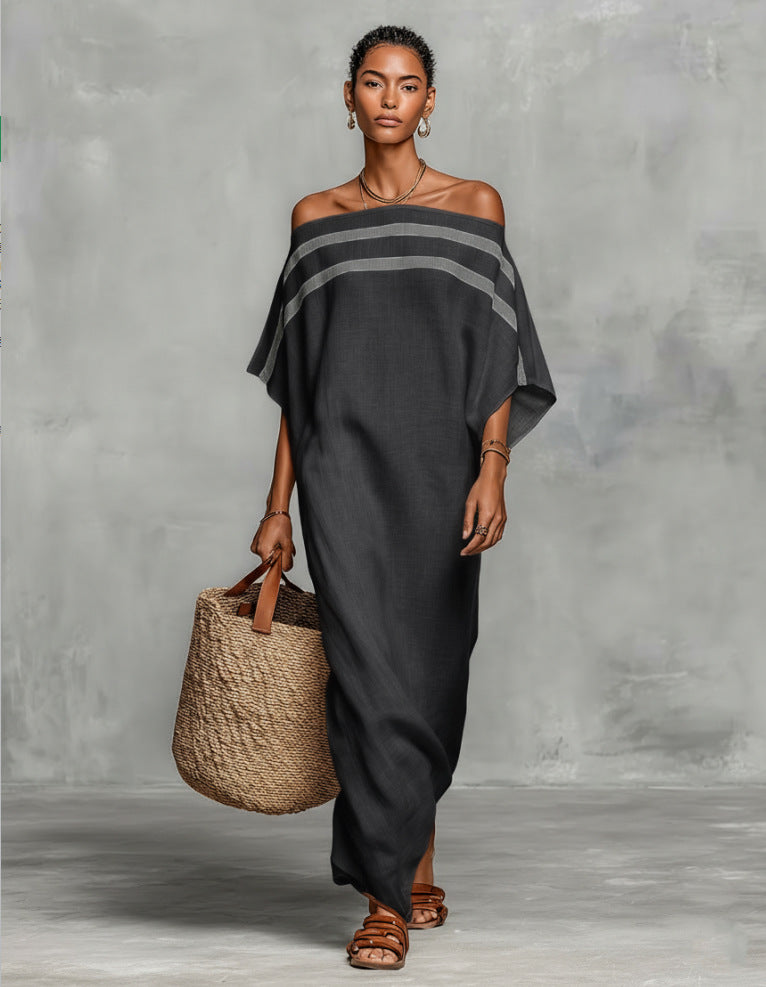 Womens Stand-Up Collar Striped Casual Loose Dress