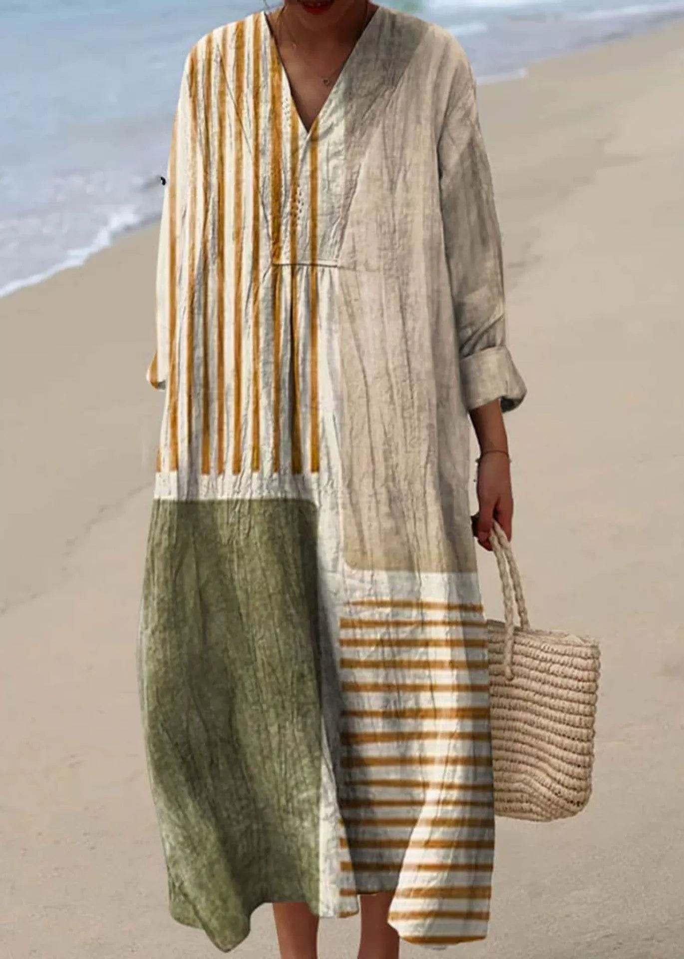 Women's Cotton And Linen Solid Color And V-neck Fashion Style Dress