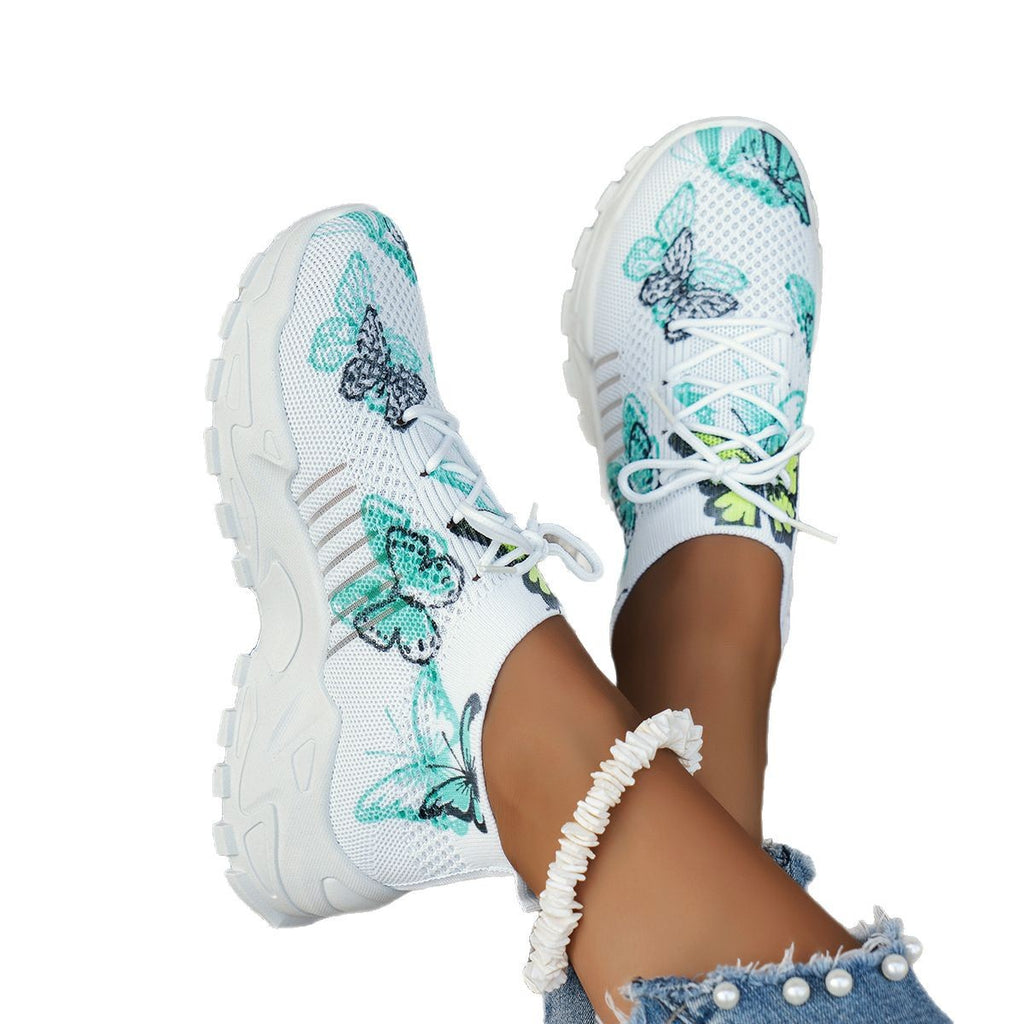 Women’s butterfly print mesh sneakers, lightweight casual running style.
