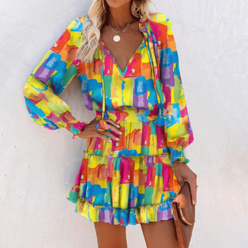 Flowers Print Long Sleeve Dress Fashion