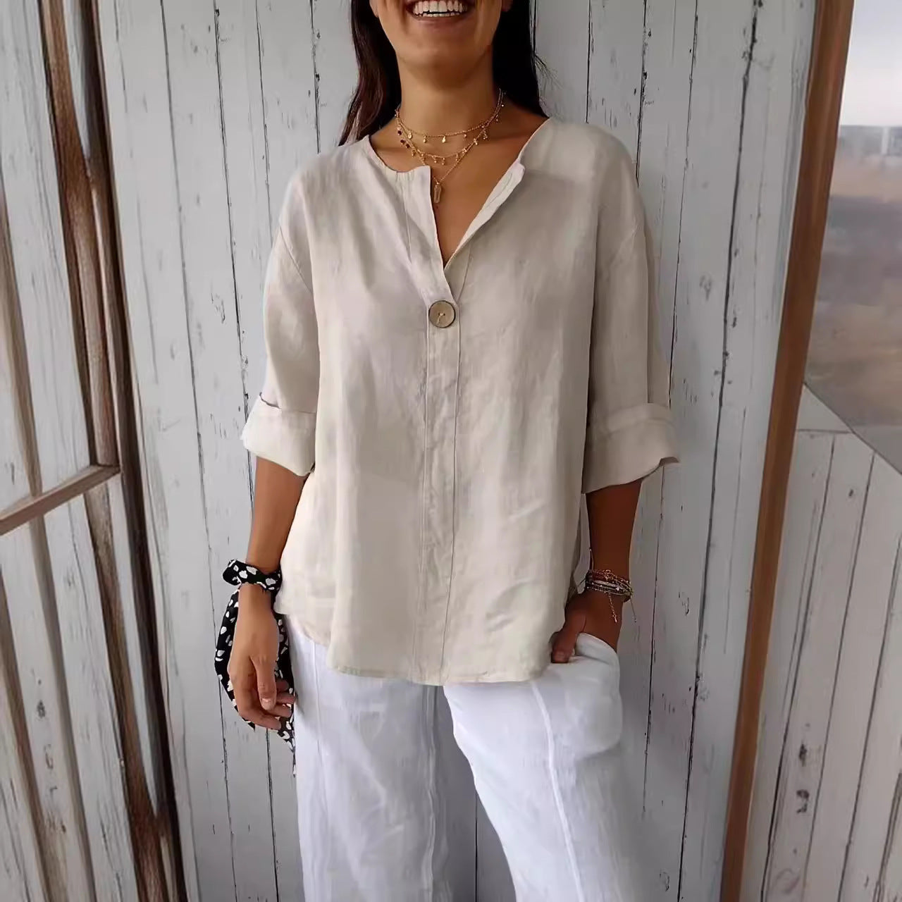 Cotton & Linen V-Neck Top
