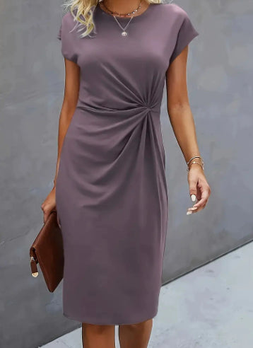 Women's Casual Tight Front Knot Round Neck Mid-length Dress