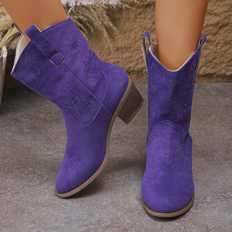 Women’s retro embroidered pointed-toe mid-calf boots with chunky heel.