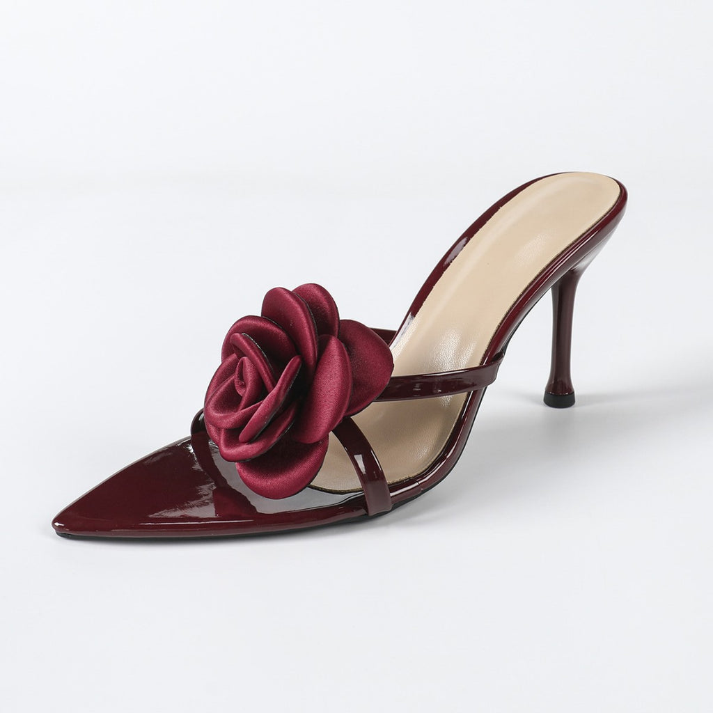 Women's Patent Leather Pointed-Toe Flower Heels
