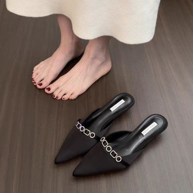 Women's Satin Rhinestone Pointed-Toe Slide Mules