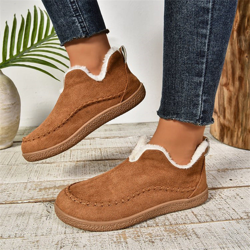 Women’s V-cut plush ankle boots, warm suede winter snow shoes.