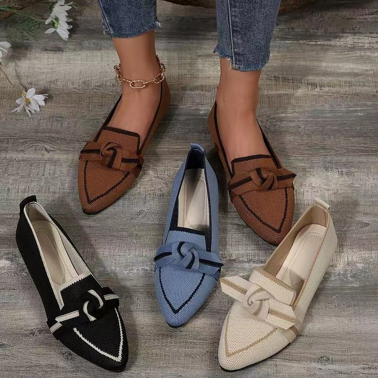 Women’s pointed-toe bow slip-on flats, breathable summer style.