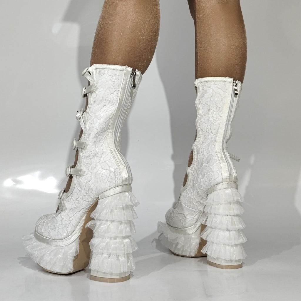 Lace High-heeled Chunky-heel Plus-size Womens Long Boots