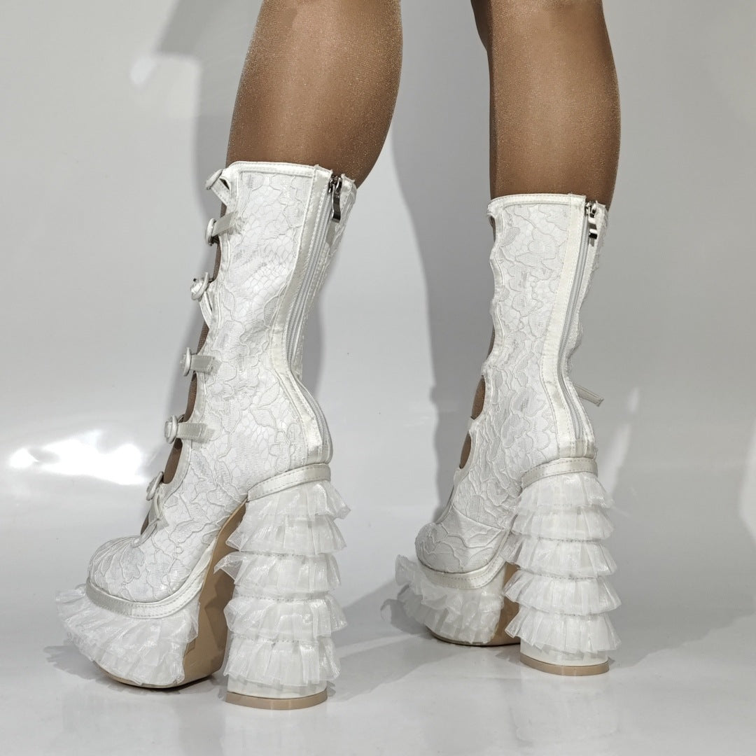 Lace High-heeled Chunky-heel Plus-size Womens Long Boots