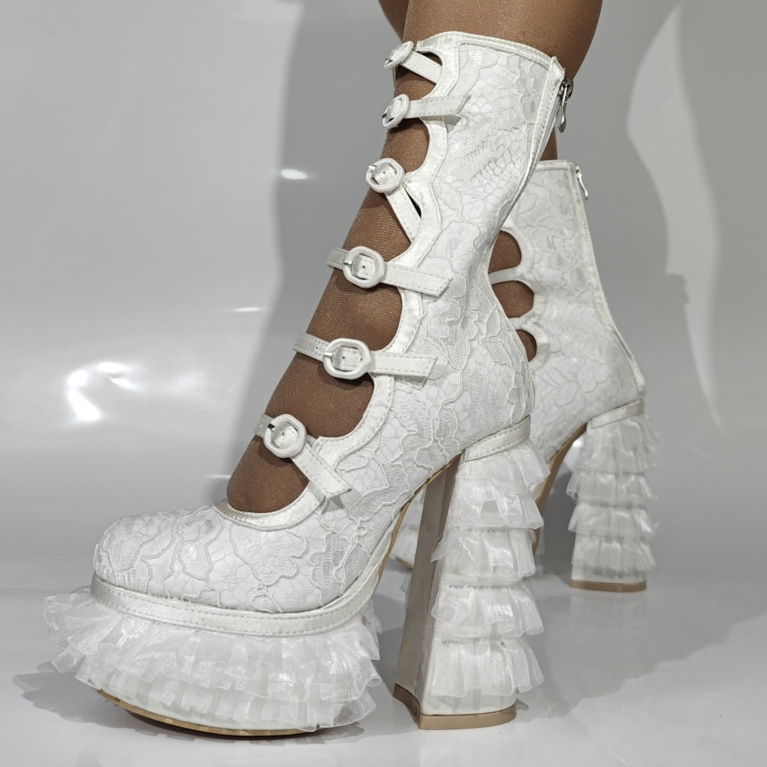 Lace High-heeled Chunky-heel Plus-size Womens Long Boots