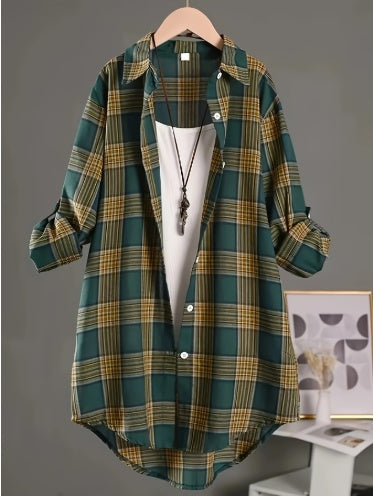 Oversized Long-Sleeve Plaid Top