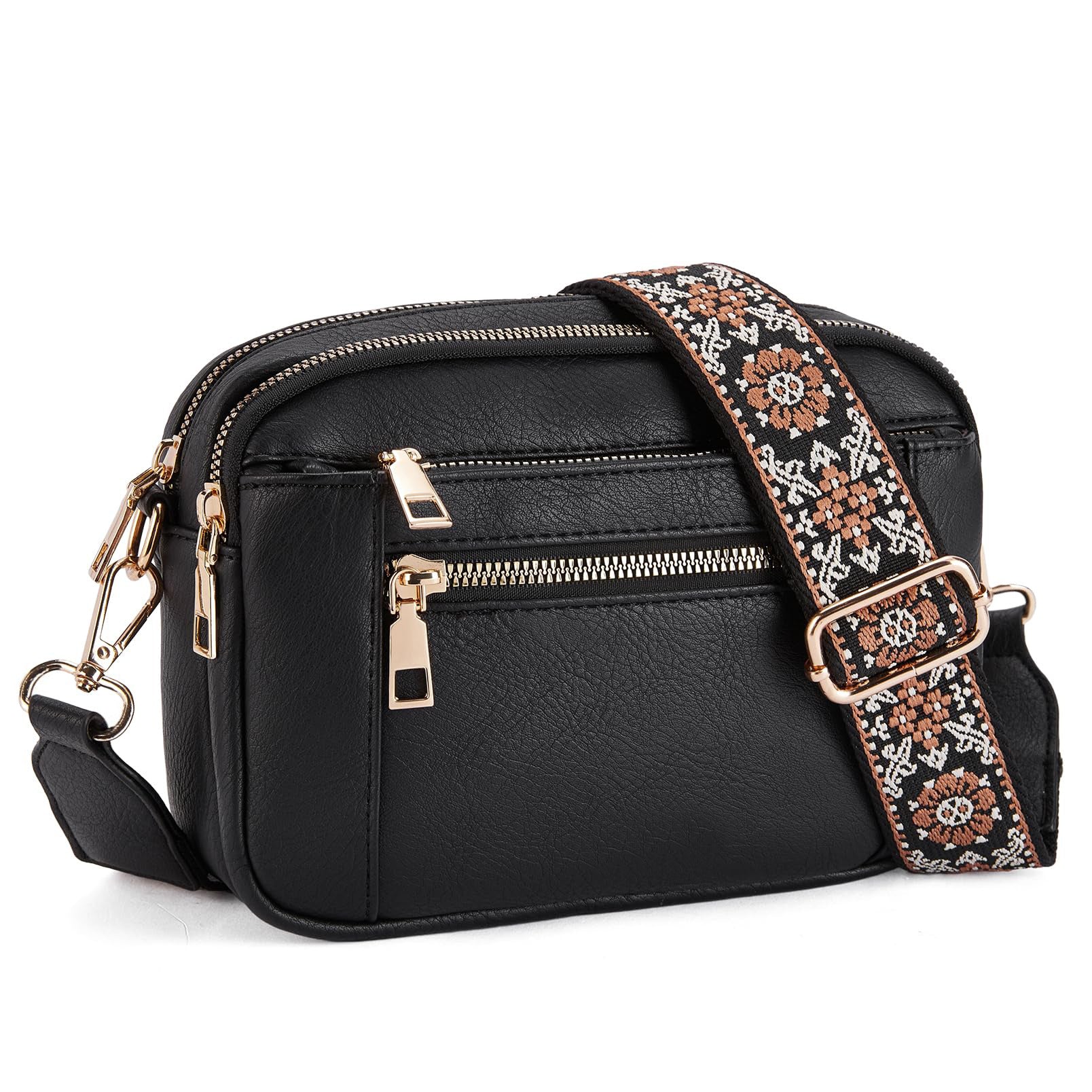 Women’s triple-zip colorblock crossbody bag with embroidered strap.