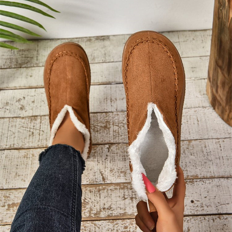 Women’s V-cut plush ankle boots, warm suede winter snow shoes.