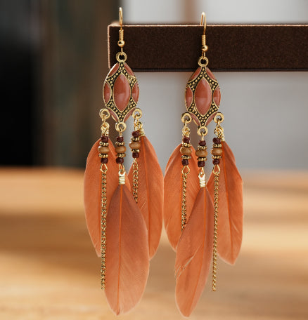 Creative Retro Tassel Feather Earrings Women's Long Oil Dripping
