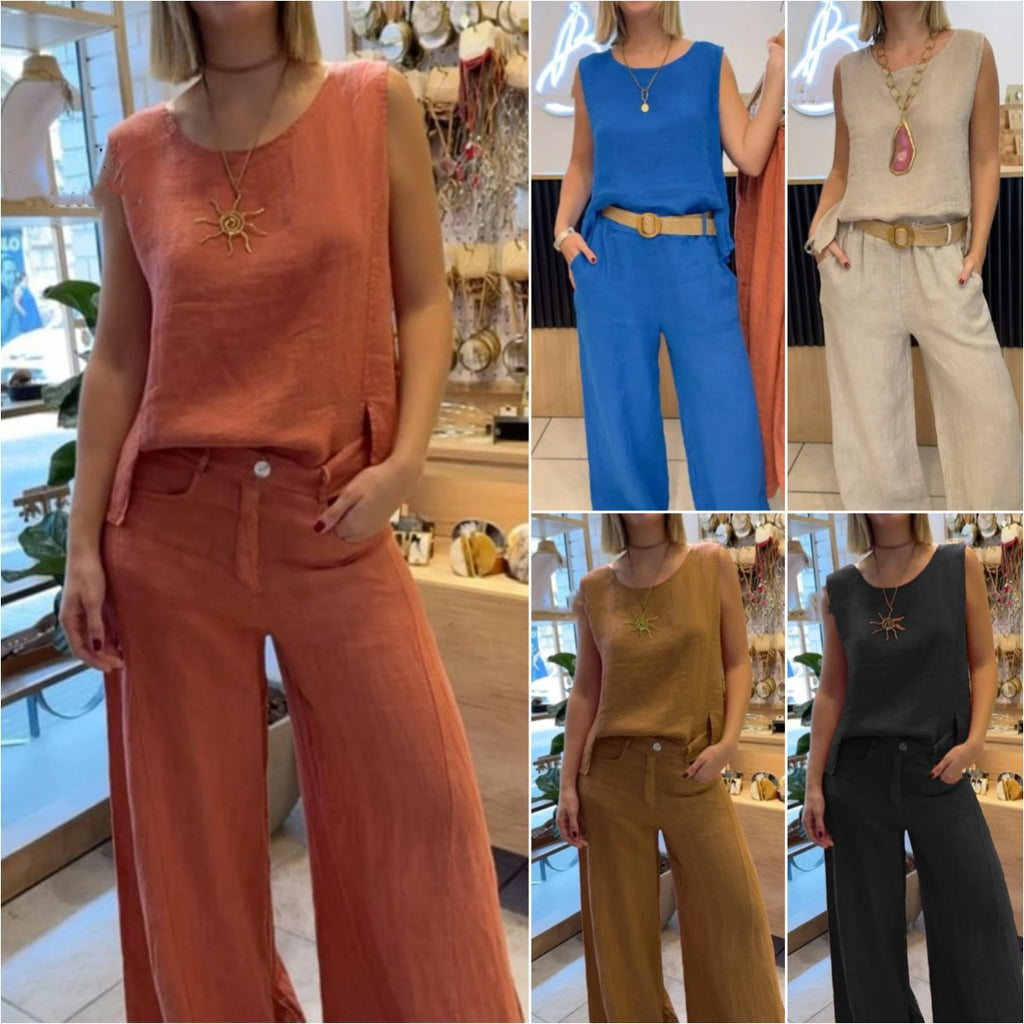 Women's Casual Round Neck Vest Cotton Linen Sleeveless Trousers Two-piece Suit
