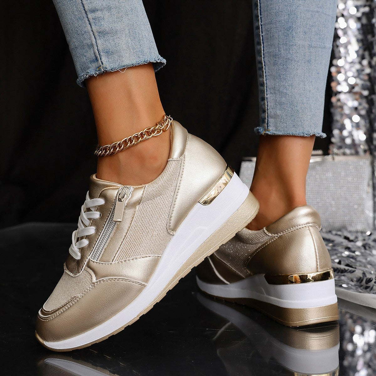 Women’s lace-up sneakers with side zipper and thick sole, casual sports style.