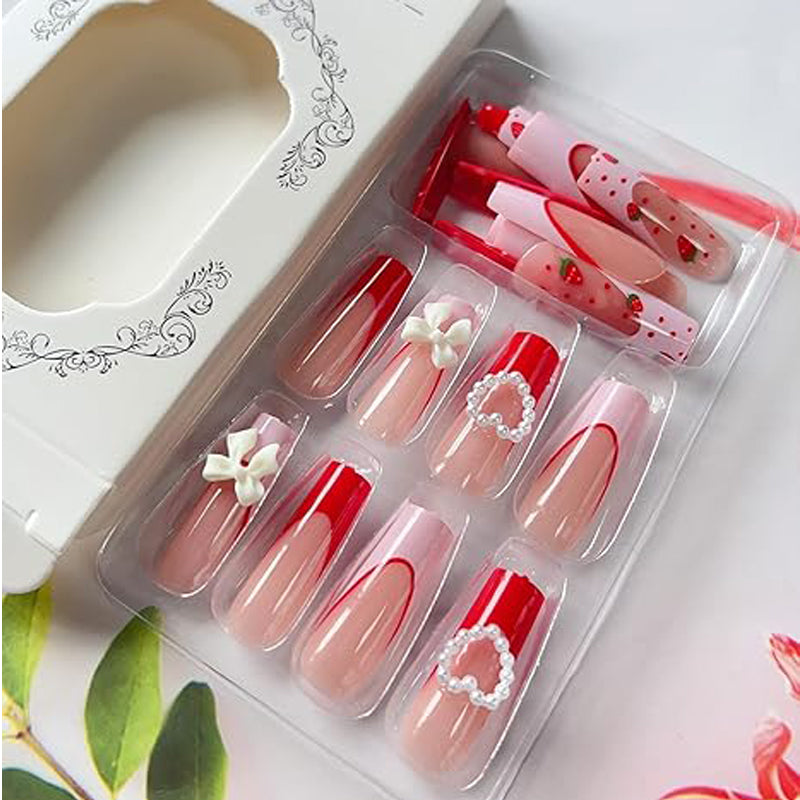 24pcs Strawberry Bow Nails