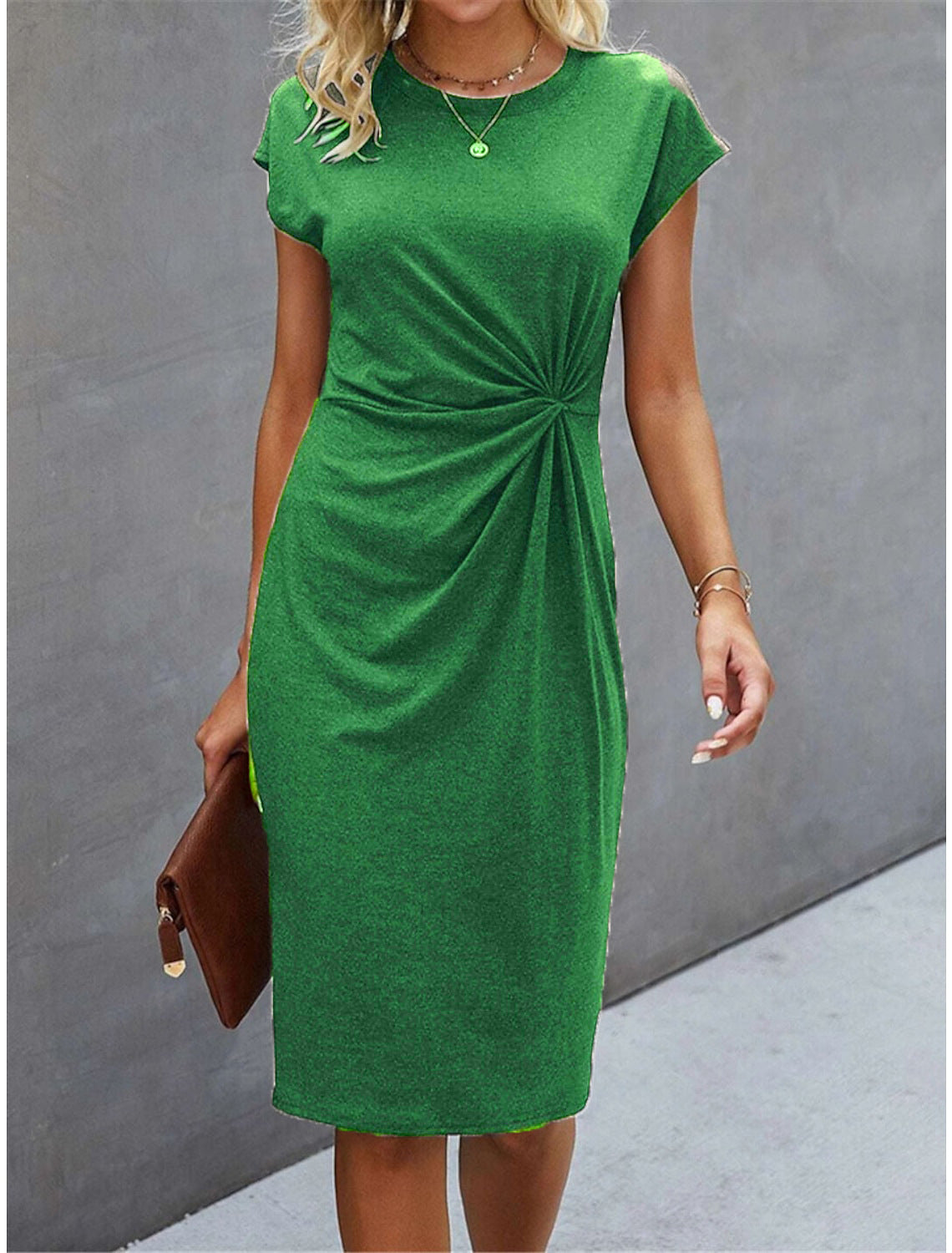 Women's Casual Tight Front Knot Round Neck Mid-length Dress
