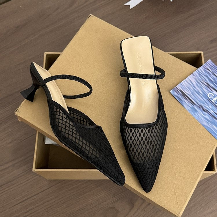Women's Pink Mesh Pointed Toe Kitten Heel Mules