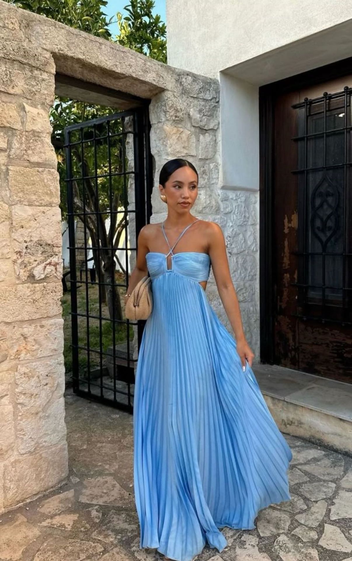 Pleated Hollow Halter Dress