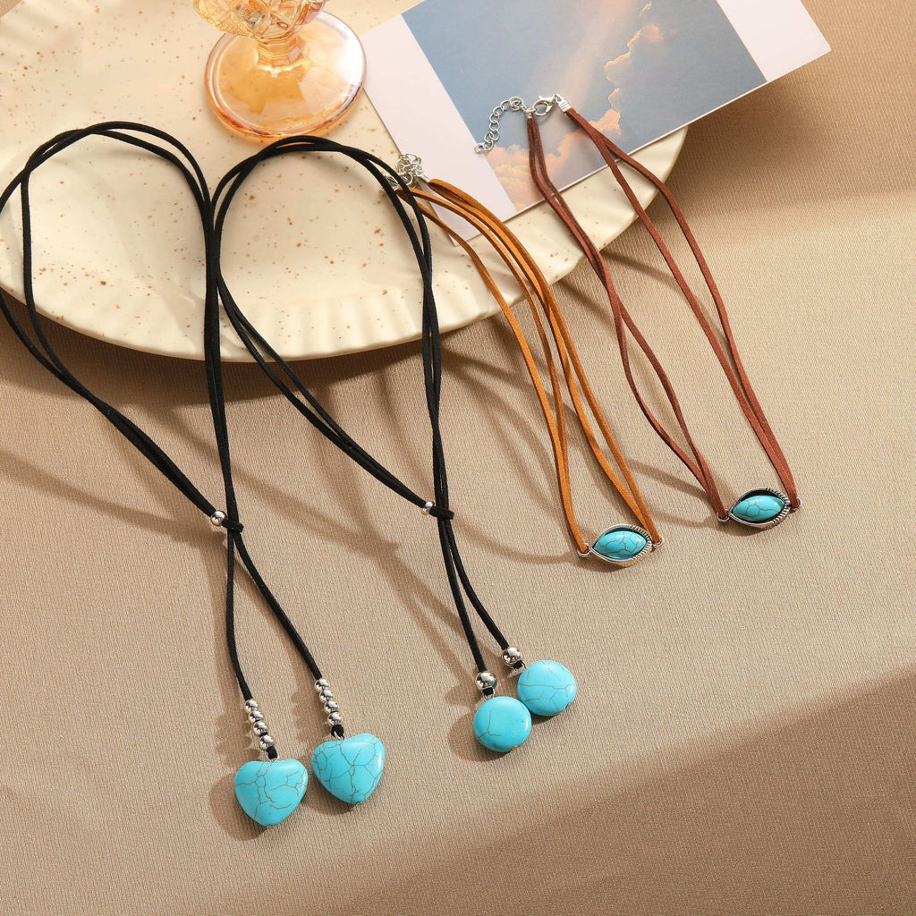 Turquoise Double Layer Flanelle Rope Necklace Artistic Retro