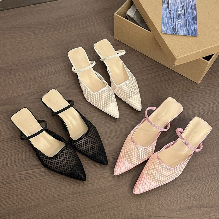 Women's Pink Mesh Pointed Toe Kitten Heel Mules