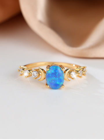 Oval White Opal Moon Ring Retro