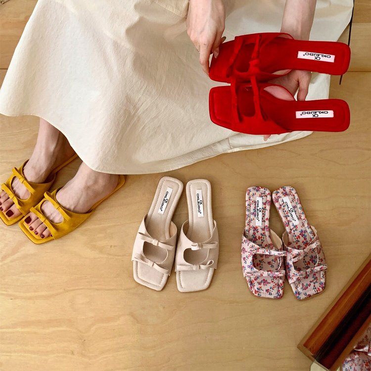 Women's Korean Bow Square-Toe Flat Slide Sandals
