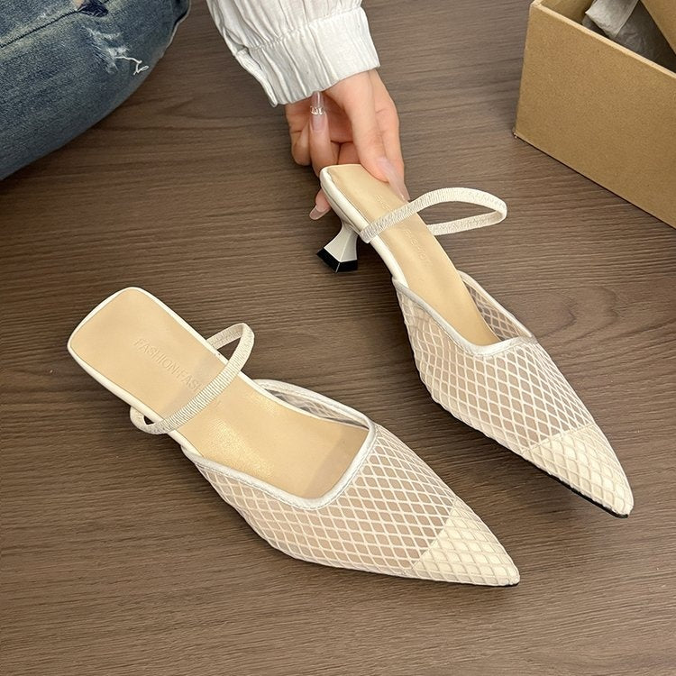 Women's Pink Mesh Pointed Toe Kitten Heel Mules