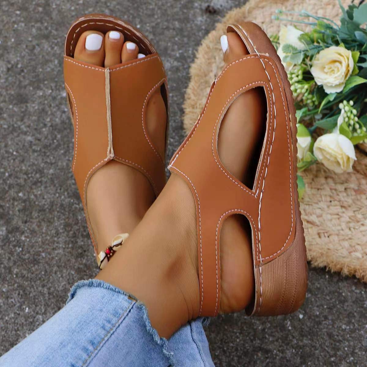 Women’s elastic band wedge sandals with peep toe, casual summer style.