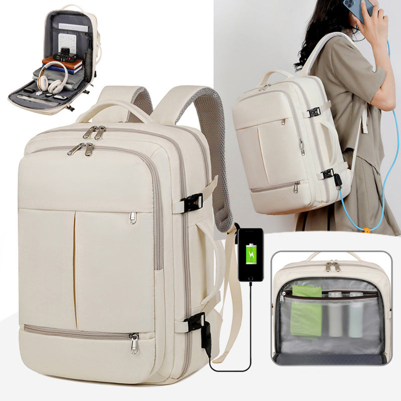 Large-capacity unisex backpack with multiple pockets for business travel.