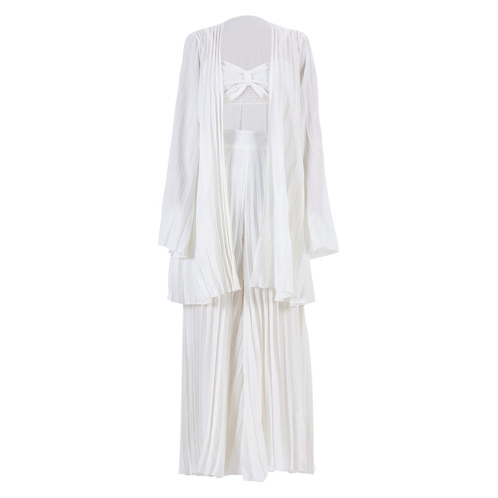 White Pleated Vest Cardigan Three-piece Wide-leg Pants Suit