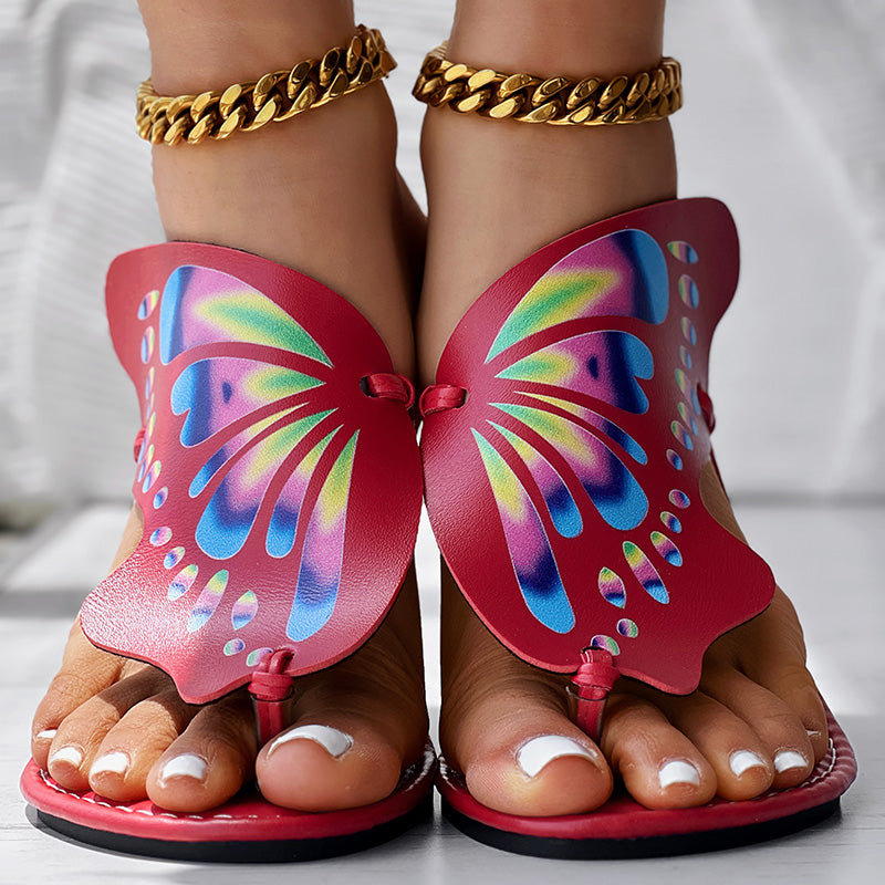 Women’s butterfly print flip flops, comfortable casual summer beach wear.