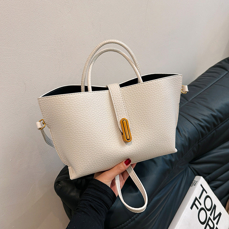 INS Litchi Pattern Shoulder Bag Fashion Zipper Bucket Bag High Capacity Totes Handbag For Women