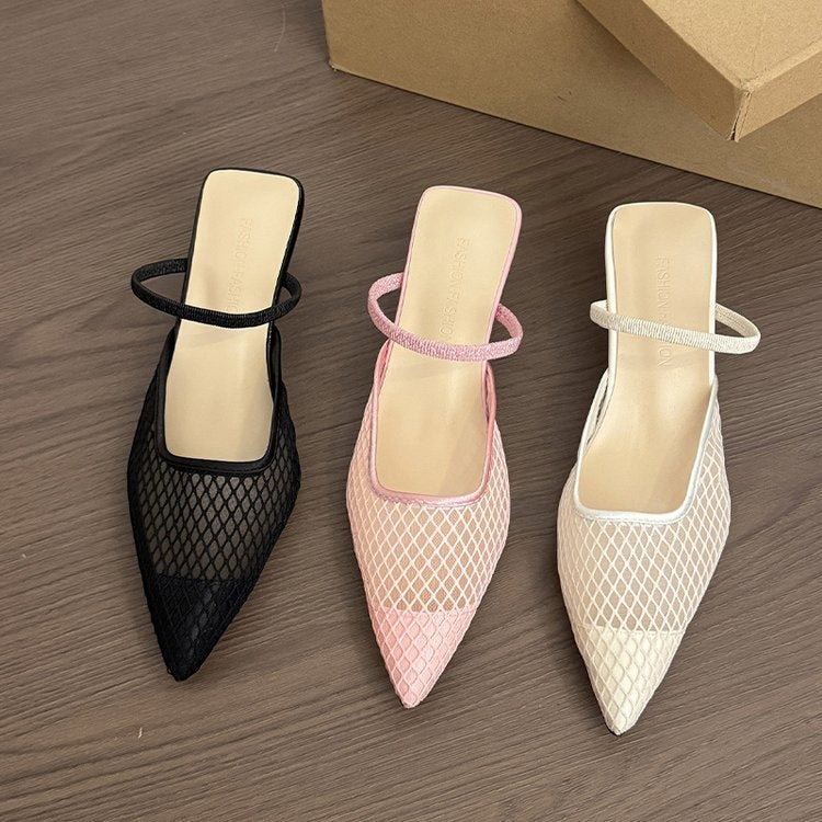 Women's Pink Mesh Pointed Toe Kitten Heel Mules