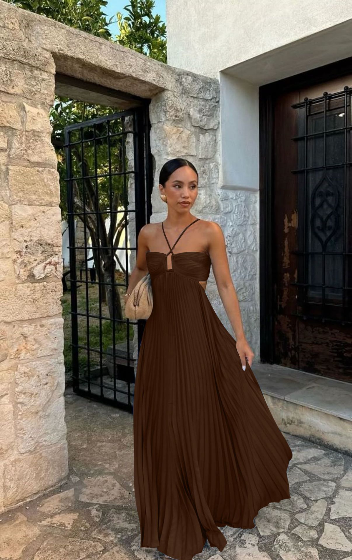 Pleated Hollow Halter Dress