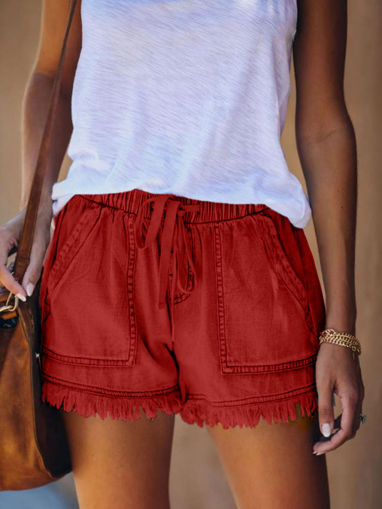 Fringed elastic loose jeans shorts