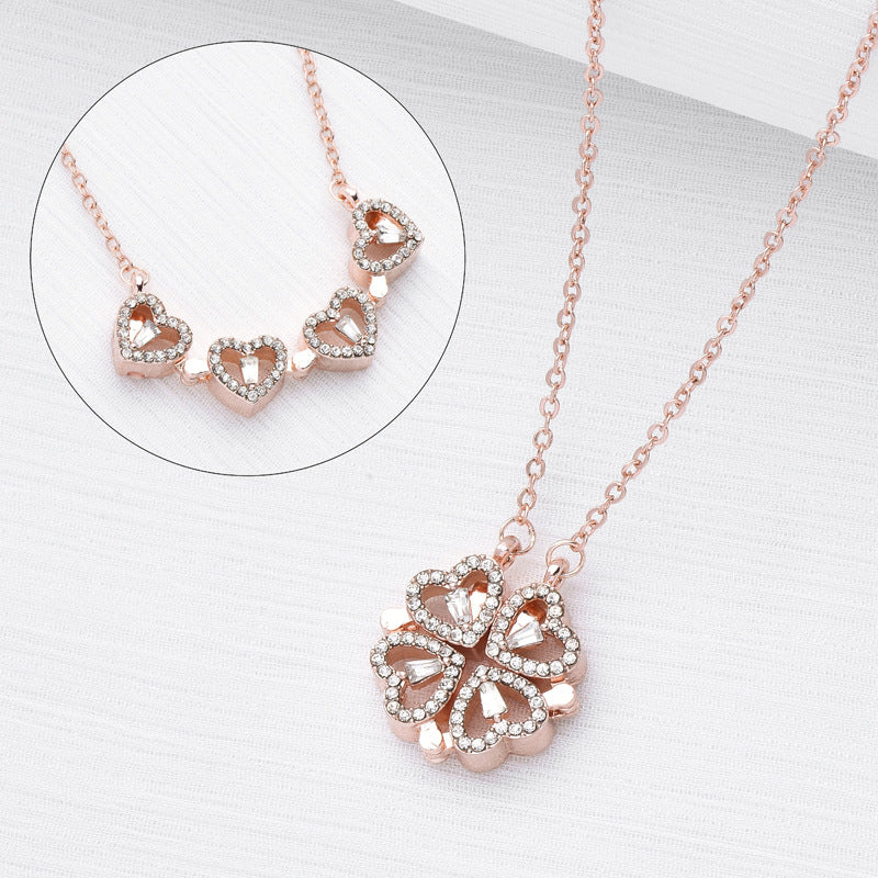 Folding Heart Shaped Four Leaf Clover Pendant Necklace Women