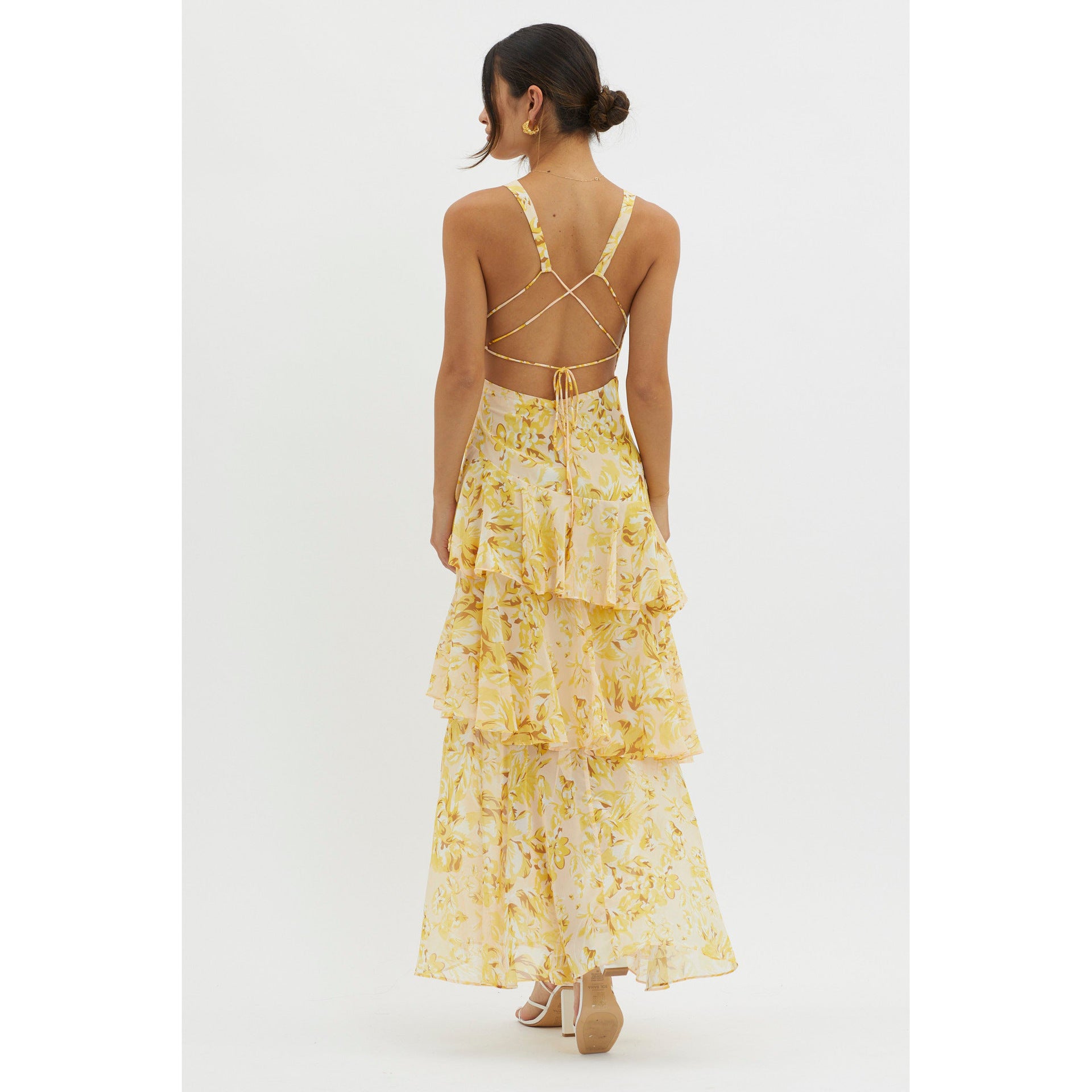 Women's Spaghetti-strap Floral Print Backless Multi-layer V-neck Dress
