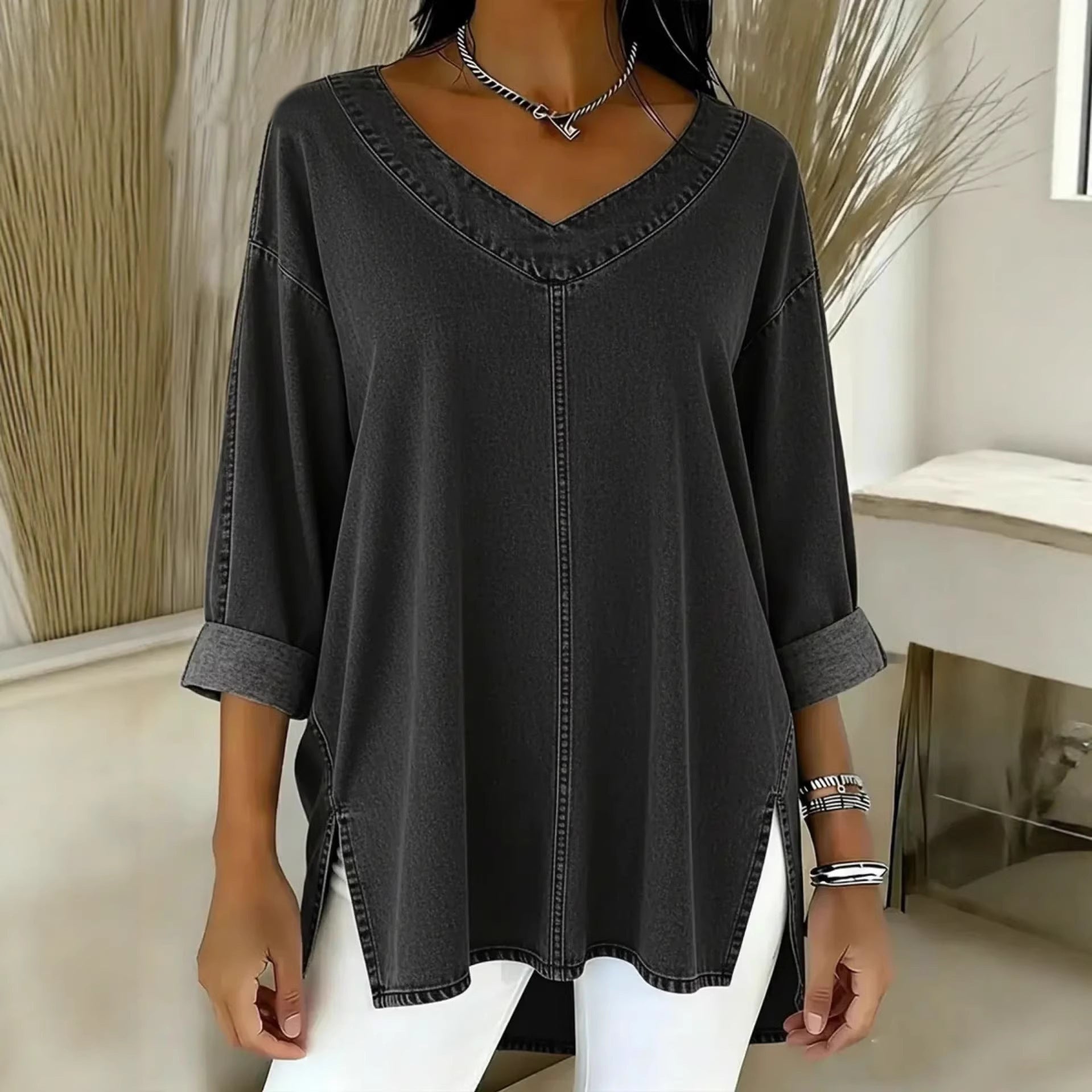 Female Solid Color Casual Street-Style Denim V-Neck Top