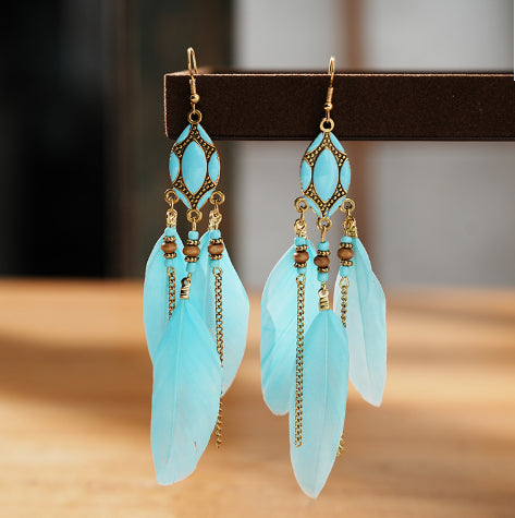 Creative Retro Tassel Feather Earrings Women's Long Oil Dripping