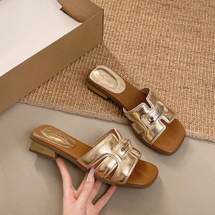 Women's Woven One-Strap Block Heel Slides