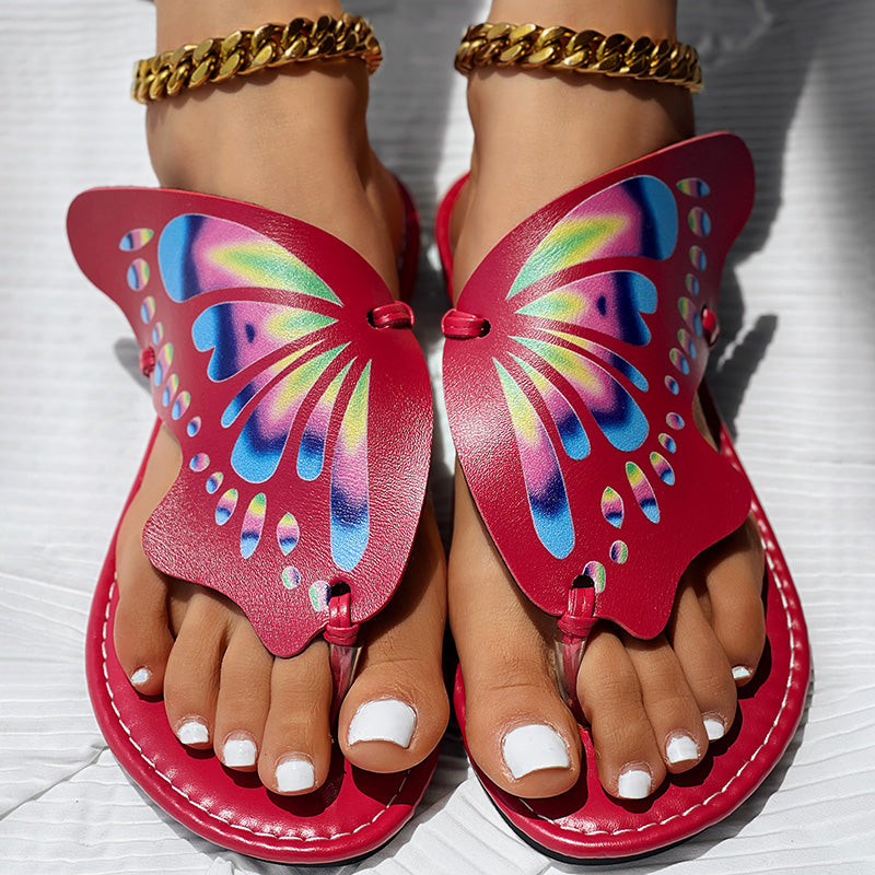 Women’s butterfly print flip flops, comfortable casual summer beach wear.