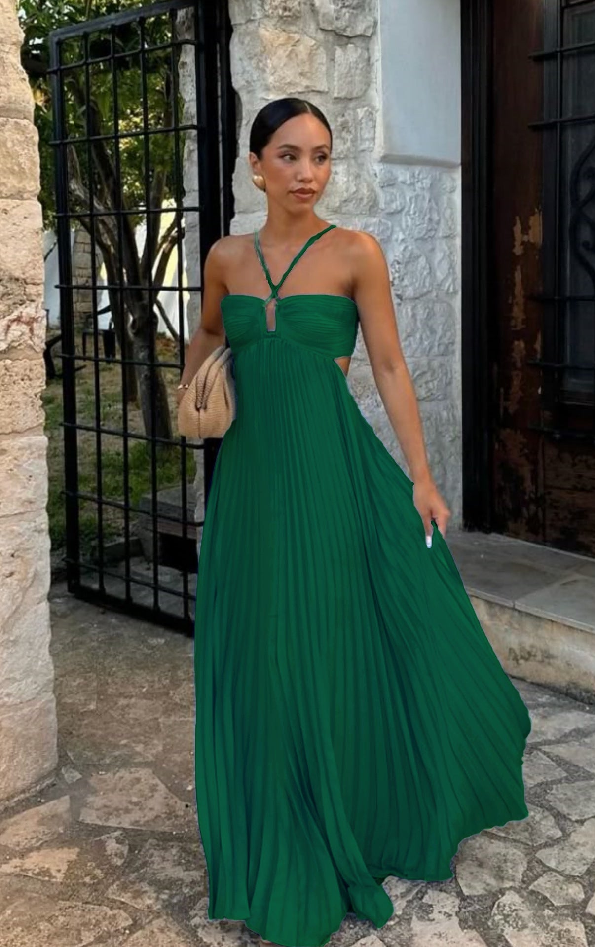 Pleated Hollow Halter Dress