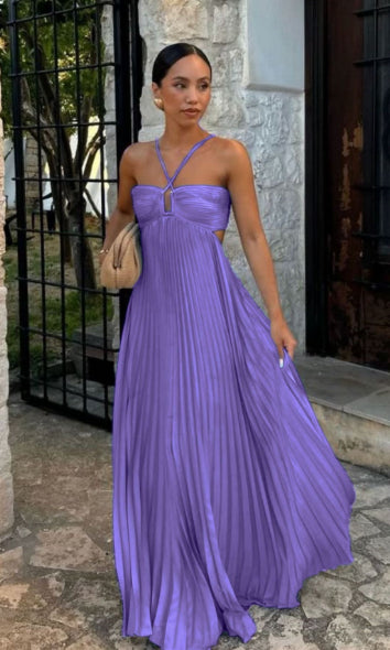 Pleated Hollow Halter Dress