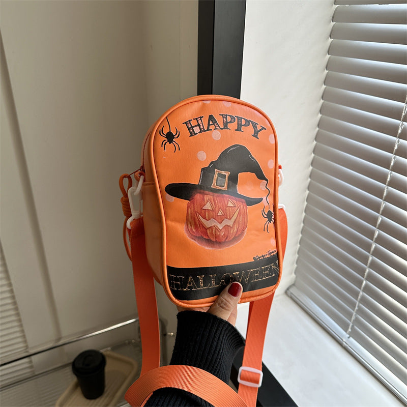 Mini Halloween cartoon crossbody bag with pumpkin, ghost, and bat print.