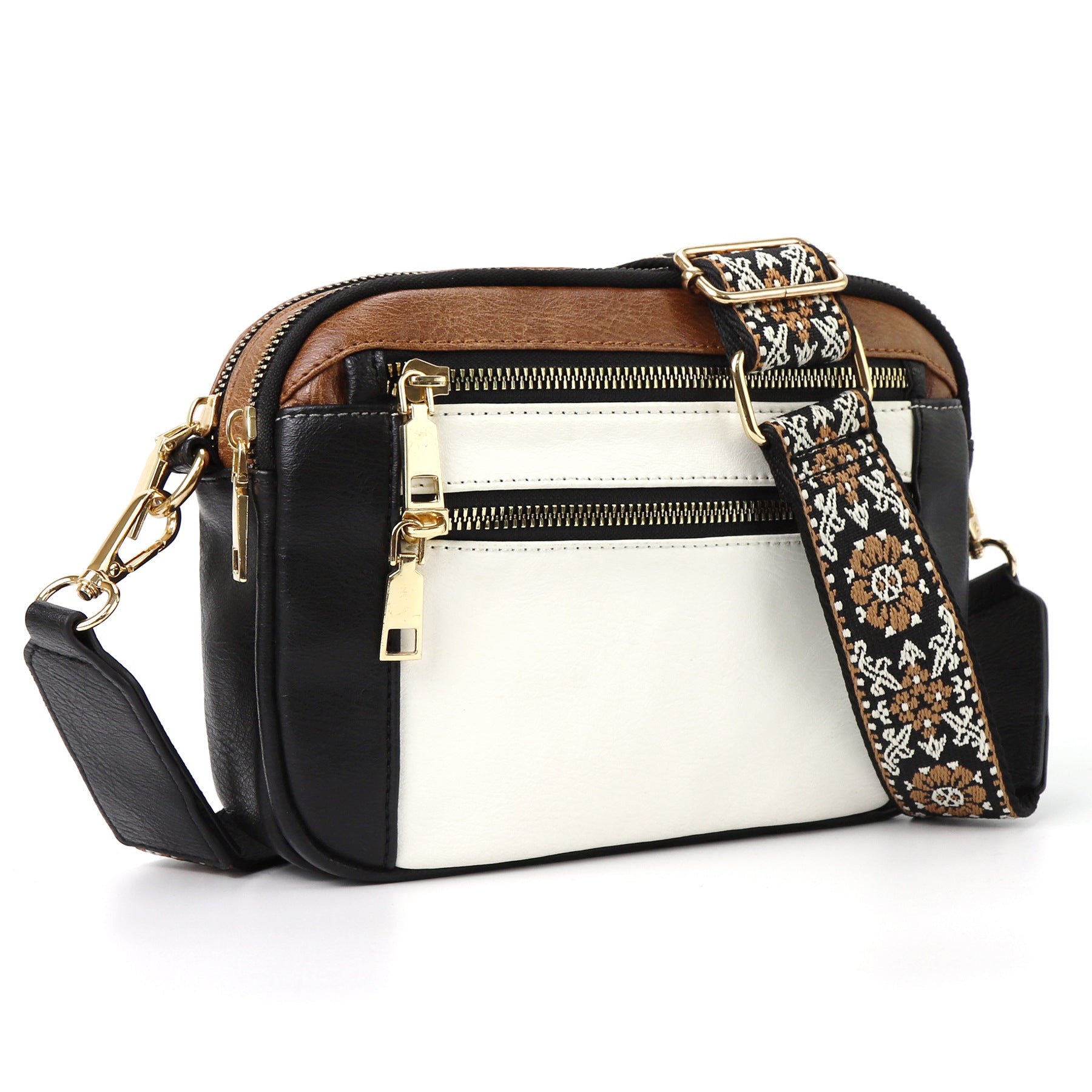 Women’s triple-zip colorblock crossbody bag with embroidered strap.