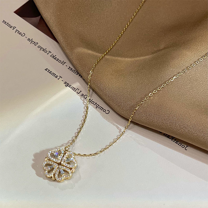 Folding Heart Shaped Four Leaf Clover Pendant Necklace Women
