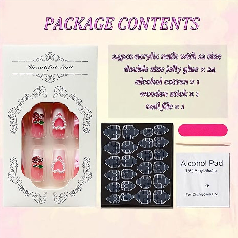 24pcs Cherry Bow Nails