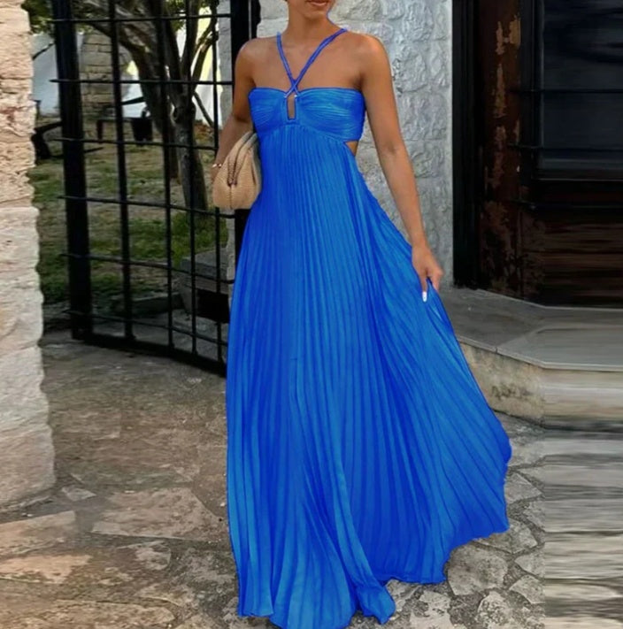 Pleated Hollow Halter Dress